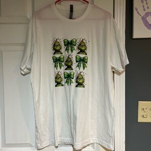 White T-Shirt with Grinch and Green Bows